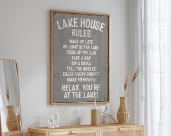 Vintage LAKE HOUSE RULES Sign, Coastal Lakehouse Decor, Lake House Gift for Her, Vacation Rental Wall Decor, Elephant Gray Lake Wall Art