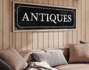 Vintage ANTIQUES Sign, Distressed White on Black, Rustic Antiques Print, Long Skinny Wall Art, Modern Farmhouse Decor, Vintage Homestead Art