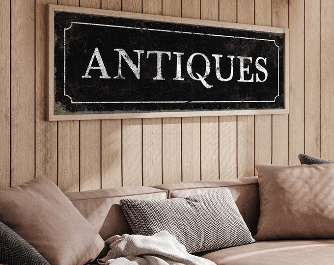 Vintage ANTIQUES Sign, Distressed White on Black, Rustic Antiques Print, Long Skinny Wall Art, Modern Farmhouse Decor, Vintage Homestead Art