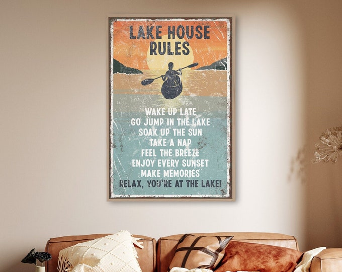 Retro Sunset Kayak Wall Art Print, Extra Large LAKE HOUSE RULES Sign, Vintage Canvas Poster for Lake House Decor