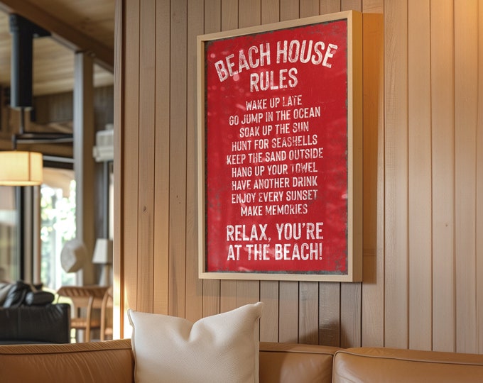 vintage "BEACH HOUSE RULES" sign, bright red sign art print, coastal beach house decor, distressed beach house gift, vacation rental decor