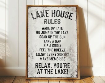 Vintage "LAKE HOUSE RULES" Sign, White and Black Lake Canvas, Coastal Lakehouse Decor, Lake Gift for Her, Distressed Vacation Rental Decor