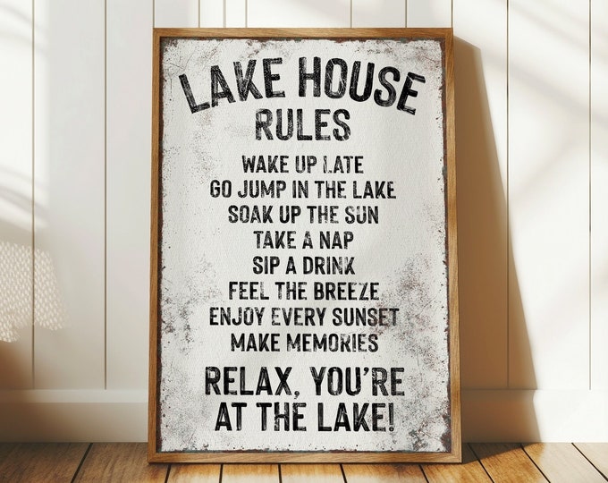 Vintage "LAKE HOUSE RULES" Sign, White and Black Lake Canvas, Coastal Lakehouse Decor, Lake Gift for Her, Distressed Vacation Rental Decor