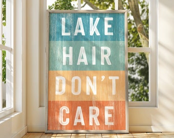 Vintage Lake HAIR DON'T CARE Sign, Rainbow Painted Words on Wood Design, Indoor Outdoor Lake Decor, Gift for Lake Lover, Lake Gift for Her