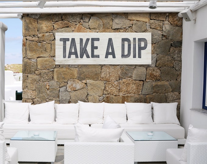 Vintage Take a Dip Pool Sign, Hale Navy on White, Long Skinny Patio Wall Decor, Distressed Wood Art, Perfect Gift for Pool Owners