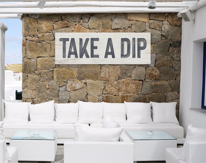 Vintage Take a Dip Pool Sign, Hale Navy on White, Long Skinny Patio Wall Decor, Distressed Wood Art, Perfect Gift for Pool Owners