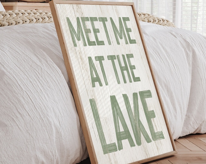 Retro Meet Me at the Lake Sign, Seagrass on White, Vintage Lake Canvas Print for Lake House Decor, Lake Gift for Mom, Painted Words on White