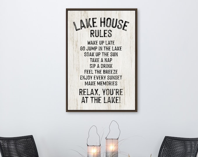 Vintage LAKE HOUSE RULES Sign, Painted Words Black on White, Vacation Rental Decor, Realtor Closing Gift, Lake Gift for Her, Retro Lake Art