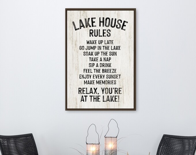 Vintage LAKE HOUSE RULES Sign, Painted Words Black on White, Vacation Rental Decor, Realtor Closing Gift, Lake Gift for Her, Retro Lake Art