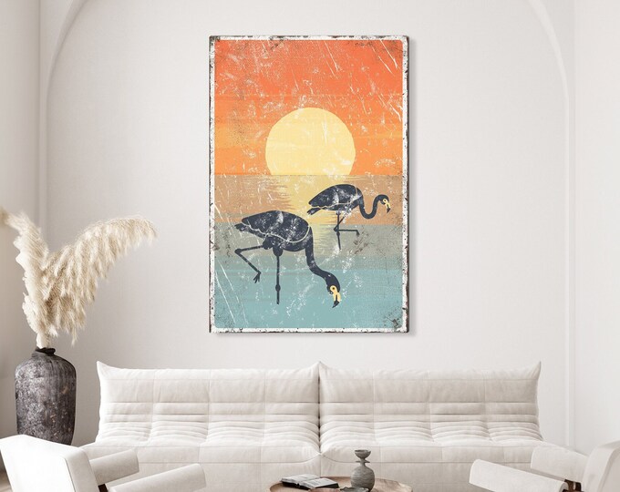 Retro Flamingos on the Beach at Sunset Wall Art, for Beach House Decor, Modern Farmhouse Vacation Condo Decor, Extra Large Canvas • 060B