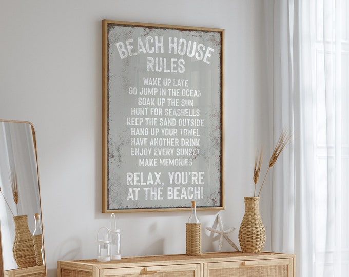 vintage BEACH HOUSE RULES sign in stone gray, rustic beach house decor, rustic beach house gift, vacation rental decor, gray beach decor