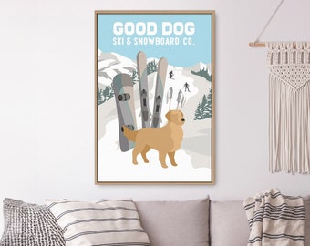 vintage SKI POSTER, retro looking Good Dog Ski and Snowboard Company with Golden Retriever, vintage ski print, unique gift for dog lovers