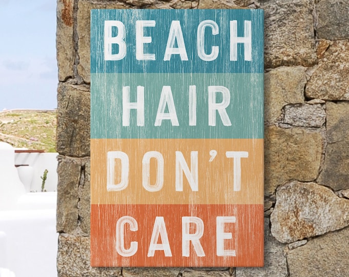 Beach HAIR DON'T CARE Sign, Rainbow Painted Words on Wood Design, Indoor Outdoor Beach Decor, Gift for Beach Lover, Beach Gift for Her