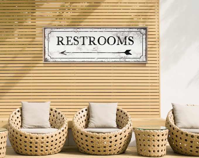 Antique Bathroom Arrow Sign, Vintage Directional Sign, Arrow Pointing Left and Faux Rusty Edge, Rustic White Canvas or Aluminum Metal Print