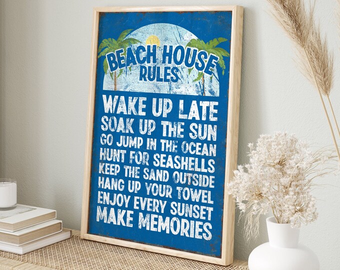 BEACH HOUSE RULES Sign in Ocean Blue, Vintage Beach Poster with Palm Trees, Vacation Rental Decor, Beach Gift for Dad, Tiki Bar Beach Decor