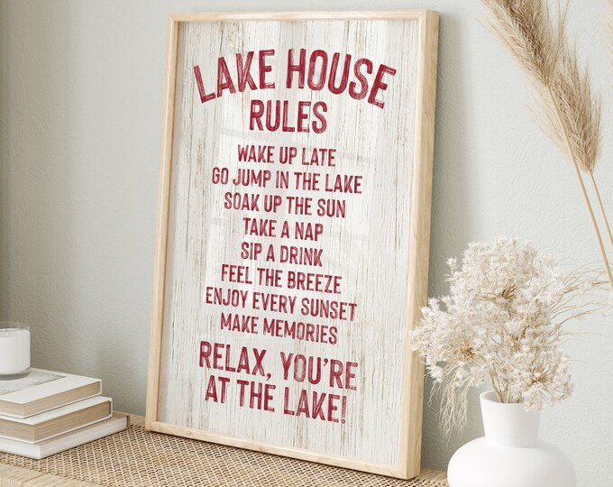 Vintage LAKE HOUSE RULES Sign, Dark Red on White, Painted Words on White, Vacation Rental Decor, Fun Gift for New Lake Homeowner