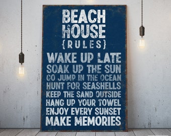 Nautical "BEACH HOUSE RULES" Canvas Art Print, Extra Large Navy Blue SignDecor, Retro Vintage Poster, Vacation Home or Condo Decor