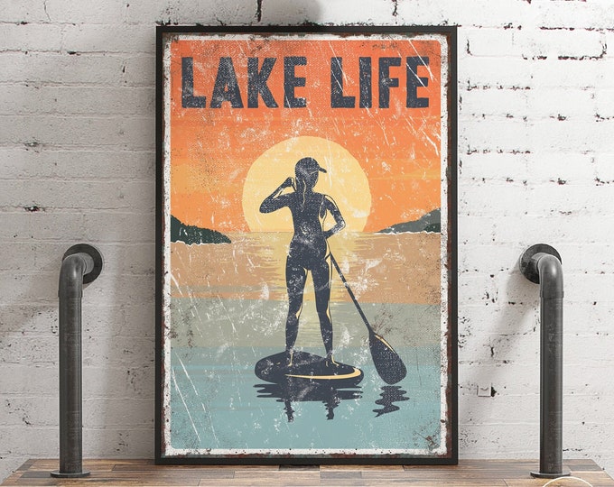 vintage "LAKE LIFE" sign SUNSET > paddleboarding poster for vintage lake house decor, female paddle boarder, modern farmhouse, Canvas
