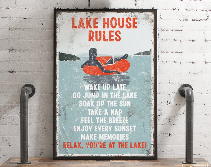 Vintage Red and Blue LAKE HOUSE RULES Canvas Sign, Woman Tubing, Large Lake Wall Art Print, Retro Tube Poster for Lake House Decor