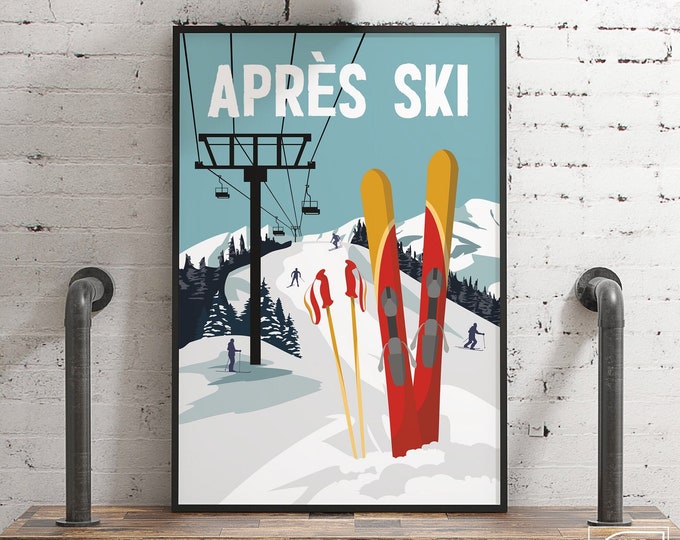 retro APRES SKI wall print, apres ski sign, vintage ski poster, retro ski signs, winter home wall decor, Canvas or Aluminum Metal Signs