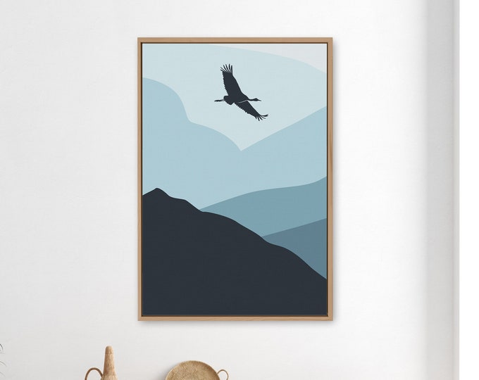 Bird Flying in Mountains and Clouds, Abstract Wall Art for Home or Apartment Decor, Extra Large Modern Ombre Blue Vertical Canvas {033A)