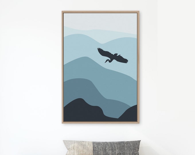 Crane Flying in Mountains and Clouds, Abstract Wall Art for Home or Apartment Decor, Extra Large Modern Ombre Blue Vertical Canvas {033B)