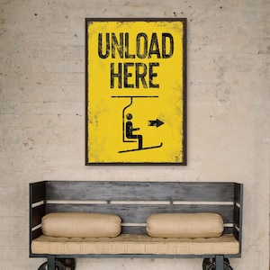 Letrero de telesilla extragrande con la leyenda "Descargar aquí" > amarillo vintage con bordes oxidados falsos, arte de pared de esquí antiguo para decoración retro de cabañas de montaña,