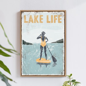 vintage LAKE LIFE sign with yellow accent, retro paddleboarding poster for modern lake house decor, female paddle boarder SUP, gift for Mom