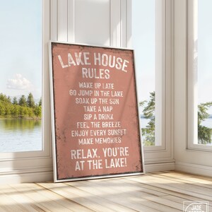 Lake House Decor, Vintage Lake Sign, Cabin Wall Art, Coastal Lakehouse Canvas, Distressed Vacation Print, Pink Coral Gift for Her
