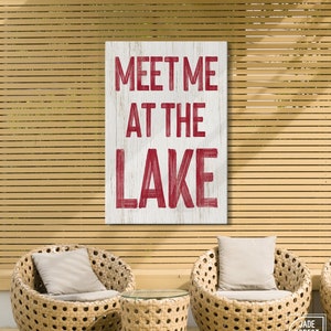 Retro Lake Sign, Vintage Lake Decor, Red Lake Poster, Rustic Wall Art, Nautical Cabin Gift, Faux Wood Canvas Print for Lake House
