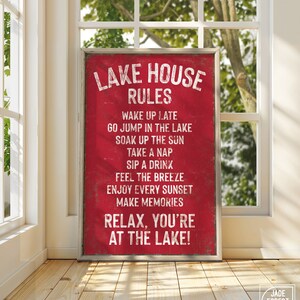 Lake House Rules Sign: Retro Red Rustic Decor (Canvas, Paper, Aluminum)