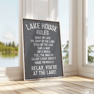 Slate Gray LAKE HOUSE RULES Print, Distressed Wall Art for Lake House Decor, Vacation Rental Decor, Lake Rules Poster, Lake Gift for Her