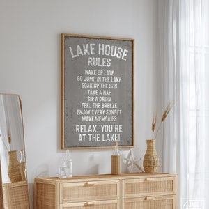 Vintage LAKE HOUSE RULES Sign, Coastal Lakehouse Decor, Lake House Gift for Her, Vacation Rental Wall Decor, Elephant Gray Lake Wall Art