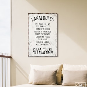 Rustic LANAI RULES Sign, Fun Gift for Lanai, Black on White Lanai Decor, Retro Pool Canvas Prints, Outdoor Indoor Options Available