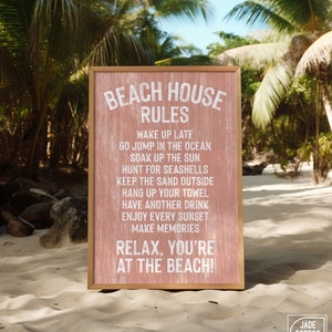 Beachhouse Decor, Gift For Her, Beach Rules Poster, Rustic Coral And White Driftwood Sign, Vintage Coastal Art For Living Room Or Patio