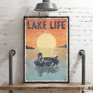 vintage &quot;LAKE LIFE&quot;-bord ZONSONDERGANG &gt; buizenposter voor vintage decor meerhuis, vrouwelijke knol, moderne boerderij, canvas kunst aan de muur, aluminium bord