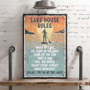 Woman Paddle boarding at Sunset, Retro Wall Art Print, Large LAKE HOUSE RULES Sign, Vintage Canvas Paddleboard Poster for Lake House Decor