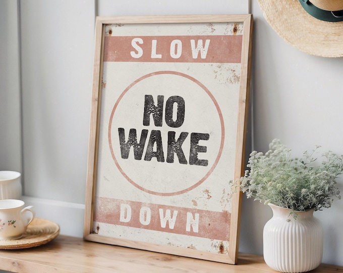 Rustic NO WAKE Canvas Print, Retro Nautical Wall Decor, Boat – Lake Wall Art