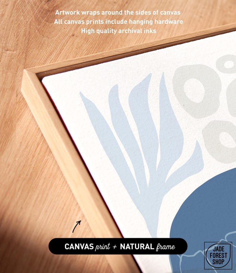 A label card for the dusty blue sea creature print set, with a canvas corner up close and a natural frame named.
