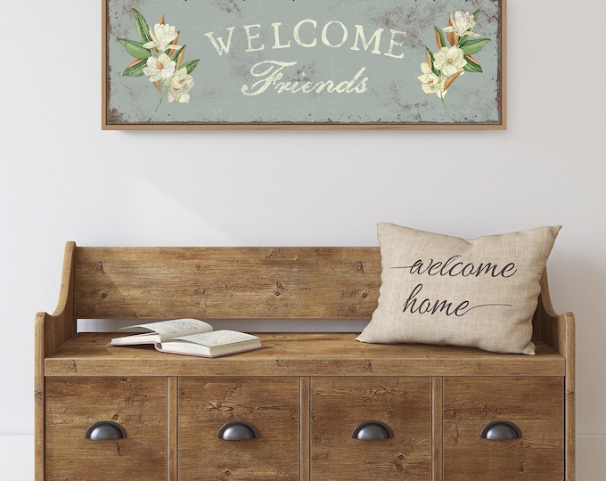 Sage Green Magnolia Welcome Front Porch Sign • Vintage WELCOME FRIENDS Wall Art • Modern Farmhouse Spring Decor, Antique Flower Sign