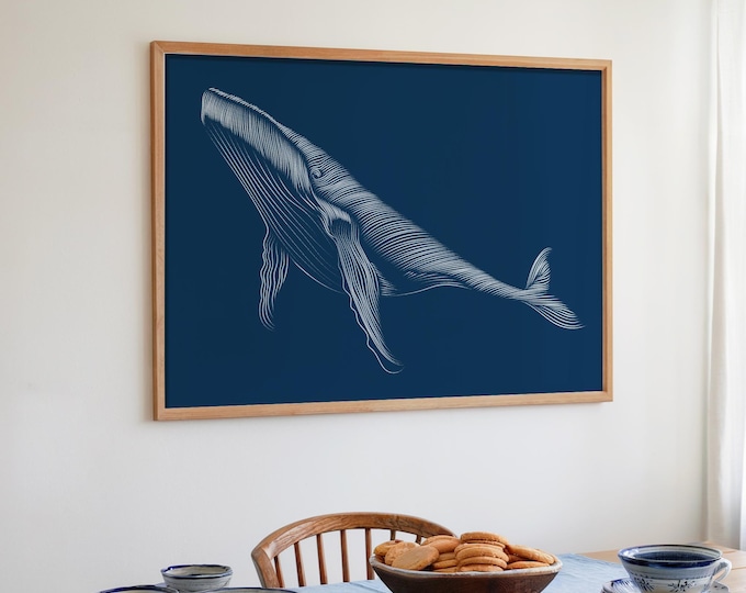 Coastal Whale Wall Art, Blue Gray Nautical Ocean (Multiple Sizes)