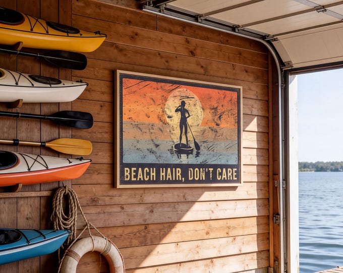 Serene Coastal Wall Art, Beach Hair Dont Care Sign, Sunset Paddleboard, Gift for Her