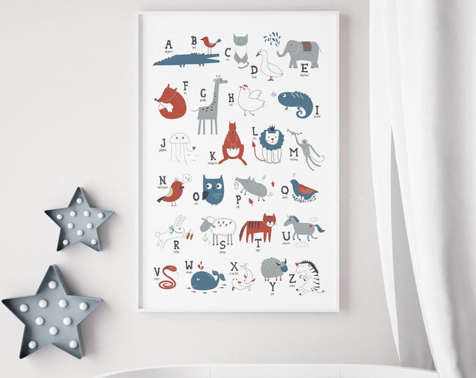Animal Wall Art, A to Z Alphabet Animals, Modern Navy and Rust Nursery Print