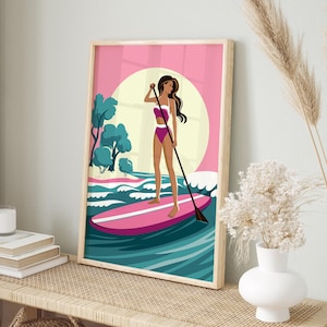 Retro Woman Paddleboarding, Paddleboard Wall Print, Coastal Cabin Gift, Paddle Board Art, Vintage Lake House Decor, Hot Pink Teal SUP Canvas