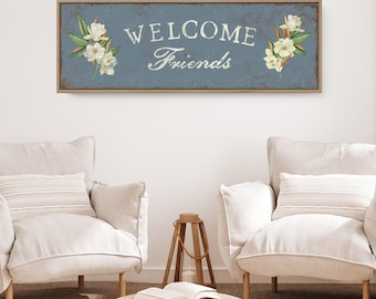 Vintage Harbor Blue Magnolia Welcome Canvas • Retro Dusty Blue WELCOME FRIENDS Wall Art • Modern Farmhouse Spring Decor, Antique Flower Sign