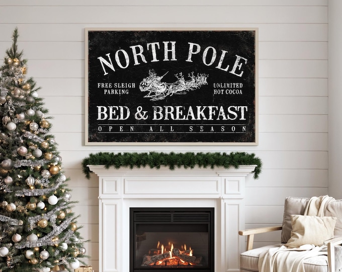 Rustic Holiday Wall Sign - North Pole Christmas Decor with Wood Frame