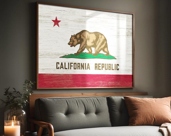 Vintage Flag Sign, Bear Flag, Art For Above Couch, California Republic State Flag Wall Decor, Weathered Wood Style, Indoor Outdoor Display