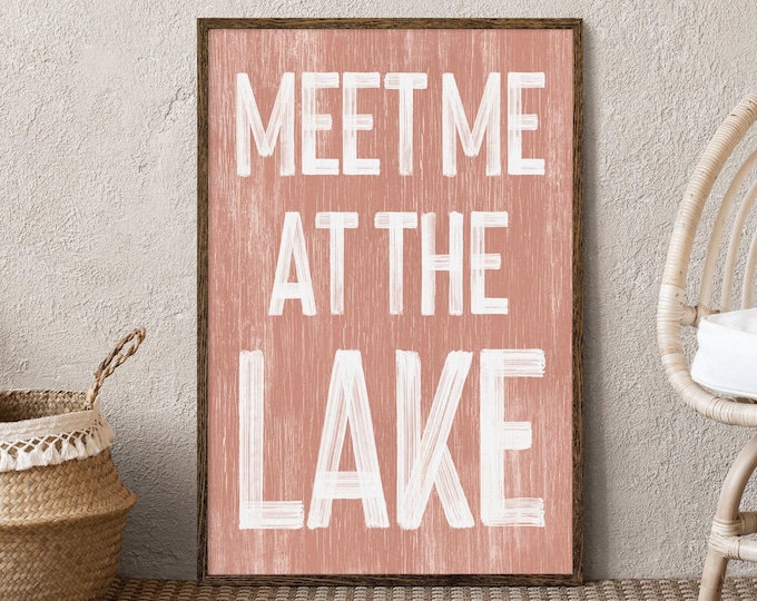 Vintage Cottage Art, Meet Me at the Lake Sign, Muted Coral Wall Decor, Gift for Her