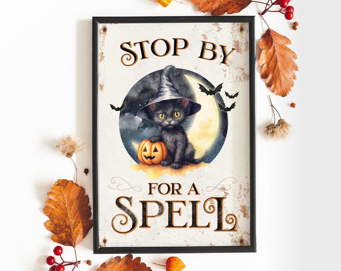 Halloween Cat Decor, Stop By Sign, Black and Charcoal Wall Art