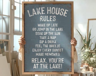 Lake House Rules Wall Art, Harbor Slate Blue Distressed Cabin Sign, Framed Family Decor